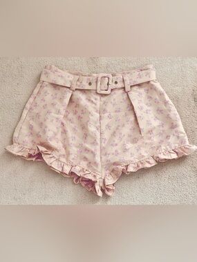 SHEIN Cream & Pink High Waist Floral Bloomer Ruffle Shorts with Belt L